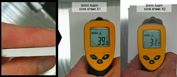 Three photos of varying thicknesses of foam core being measured for temperature by a laser