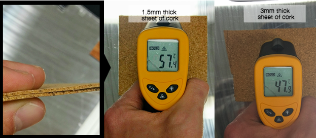 Three photos of varying thicknesses of cork being measured for temperature by a laser