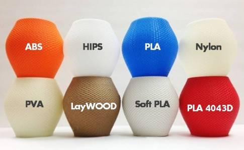 Image of different printing materials: ABS, HIPS, PLA, Nylon, PVA, LayWOOD, Soft PLA, PLA 4043D