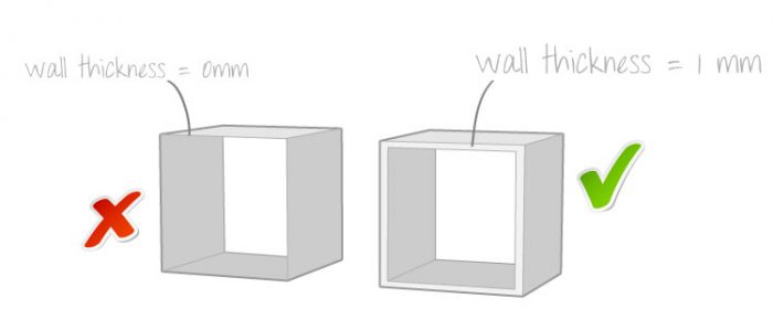 Dos and don'ts for building walls in 3D printing. Wall thickness 0mm (don't) - wall thickness 1mm (do) l create designs for 3D printing