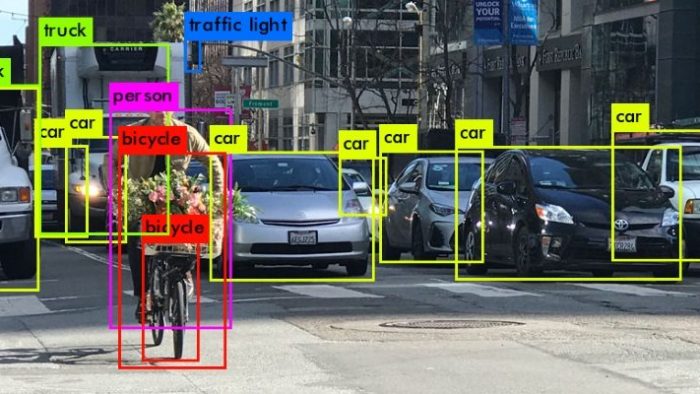 Example image classification for the image labeling bounty with bicycles, people, and cars on a busy street
